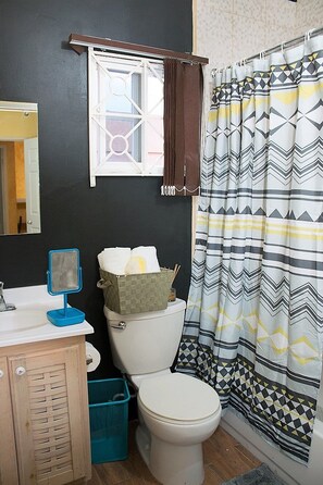 A bathroom with a toilet, a sink, a mirror, and a shower curtain.