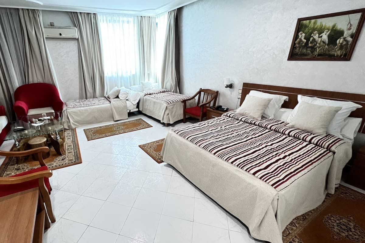 Habitació d'hotel amb un llit, dues cadires, una taula petita, un escriptori, un sofà i un quadre a la paret.