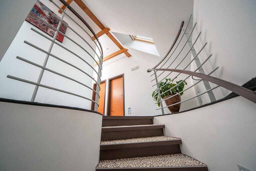 A spiral staircase with a modern design, a potted plant, and a skylight.