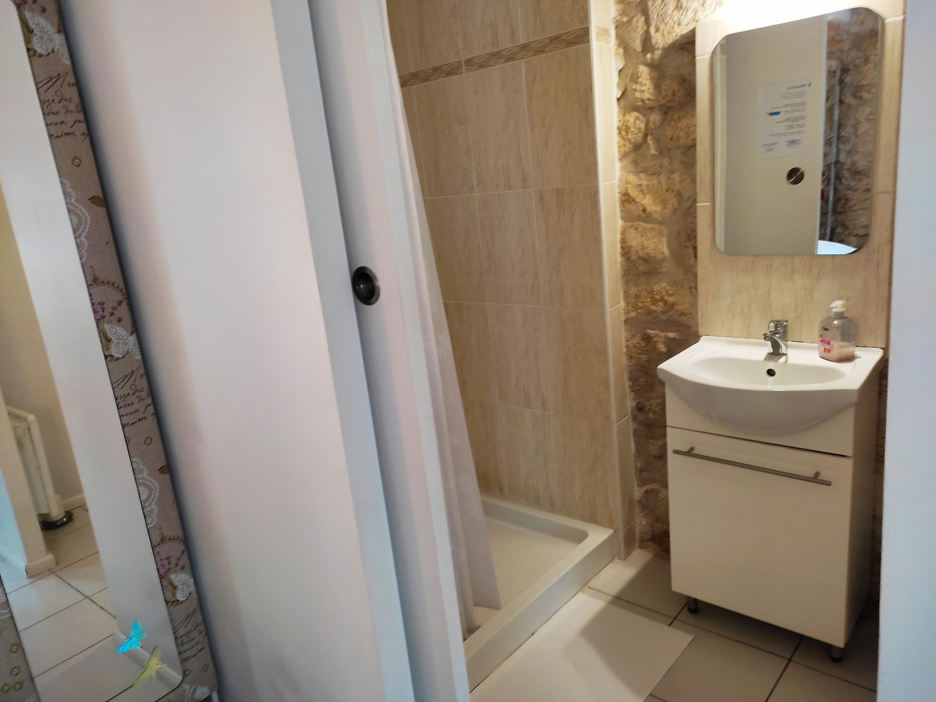 Un baño con ducha, lavamanos y espejo.