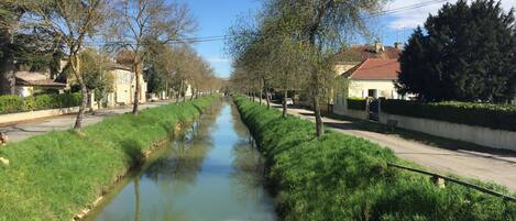 A canal lined with trees and houses, reflecting the sky.
