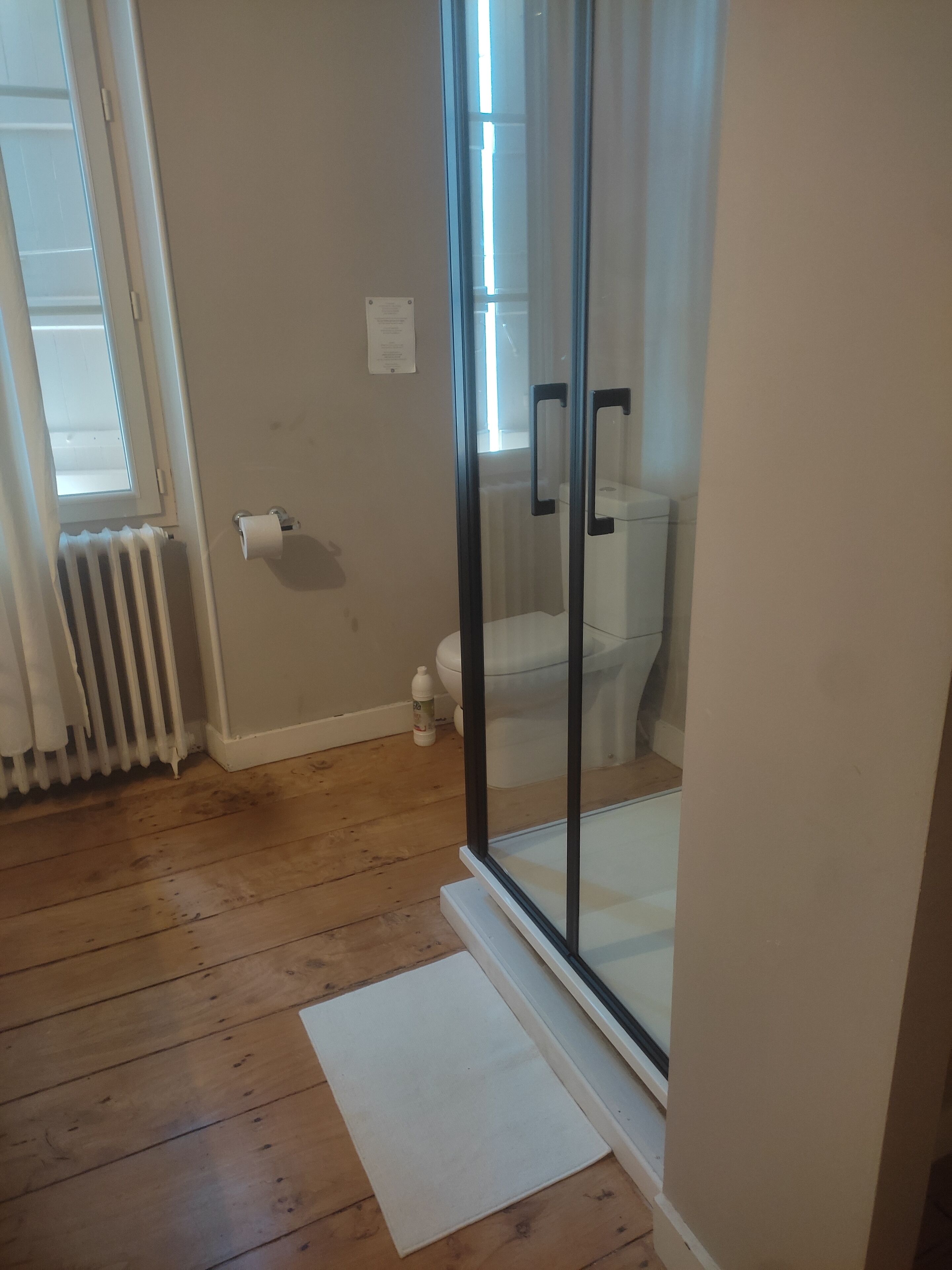 A bathroom with a glass shower enclosure, a toilet, and a radiator.