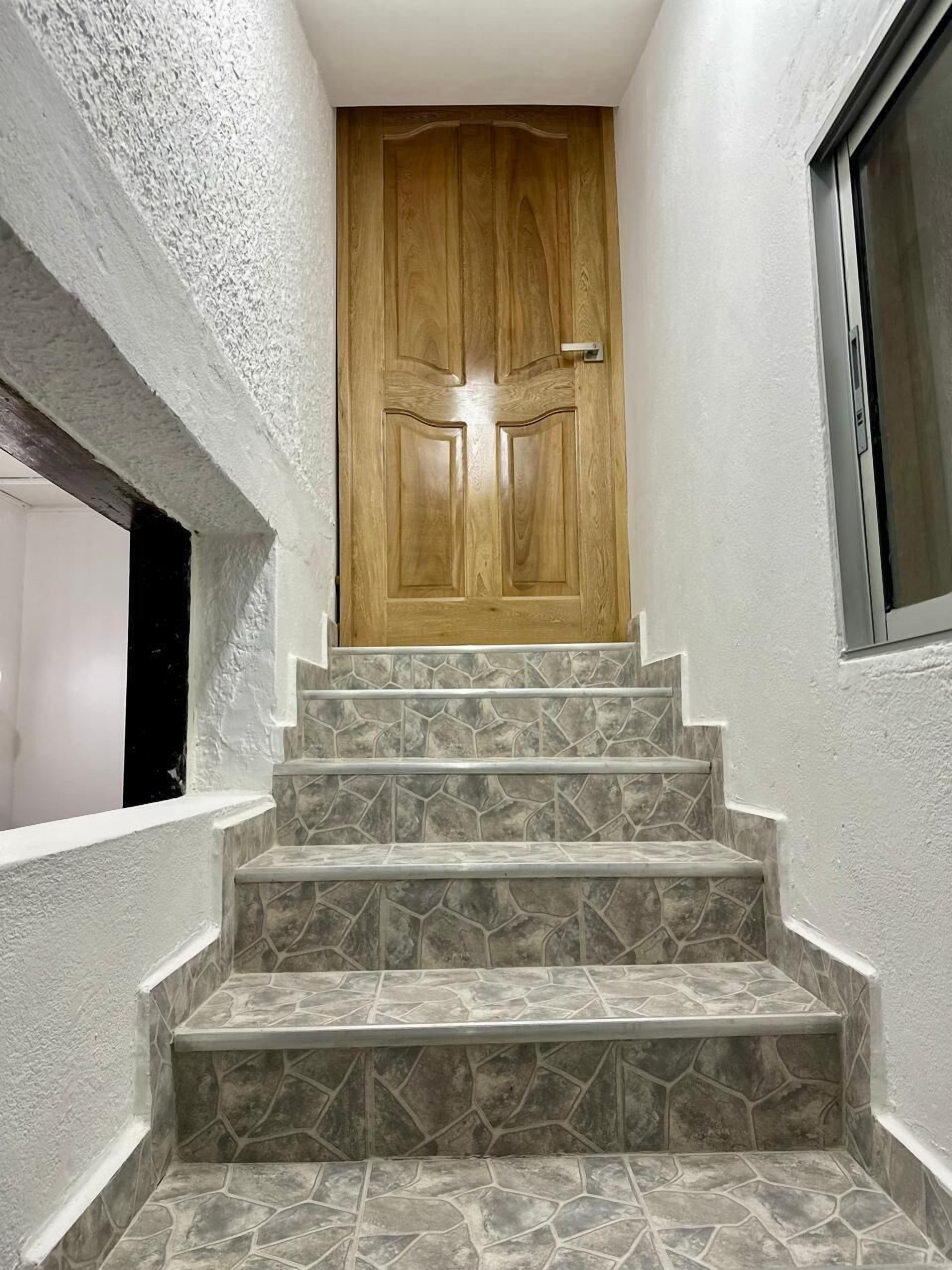 A set of stone-tiled stairs leading to a wooden door.