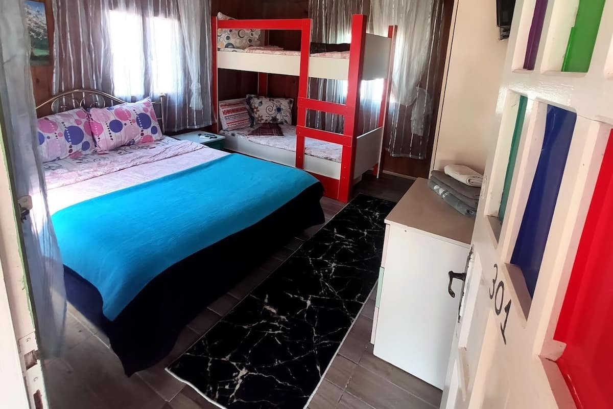 A room with a bunk bed, a desk, and a wardrobe.