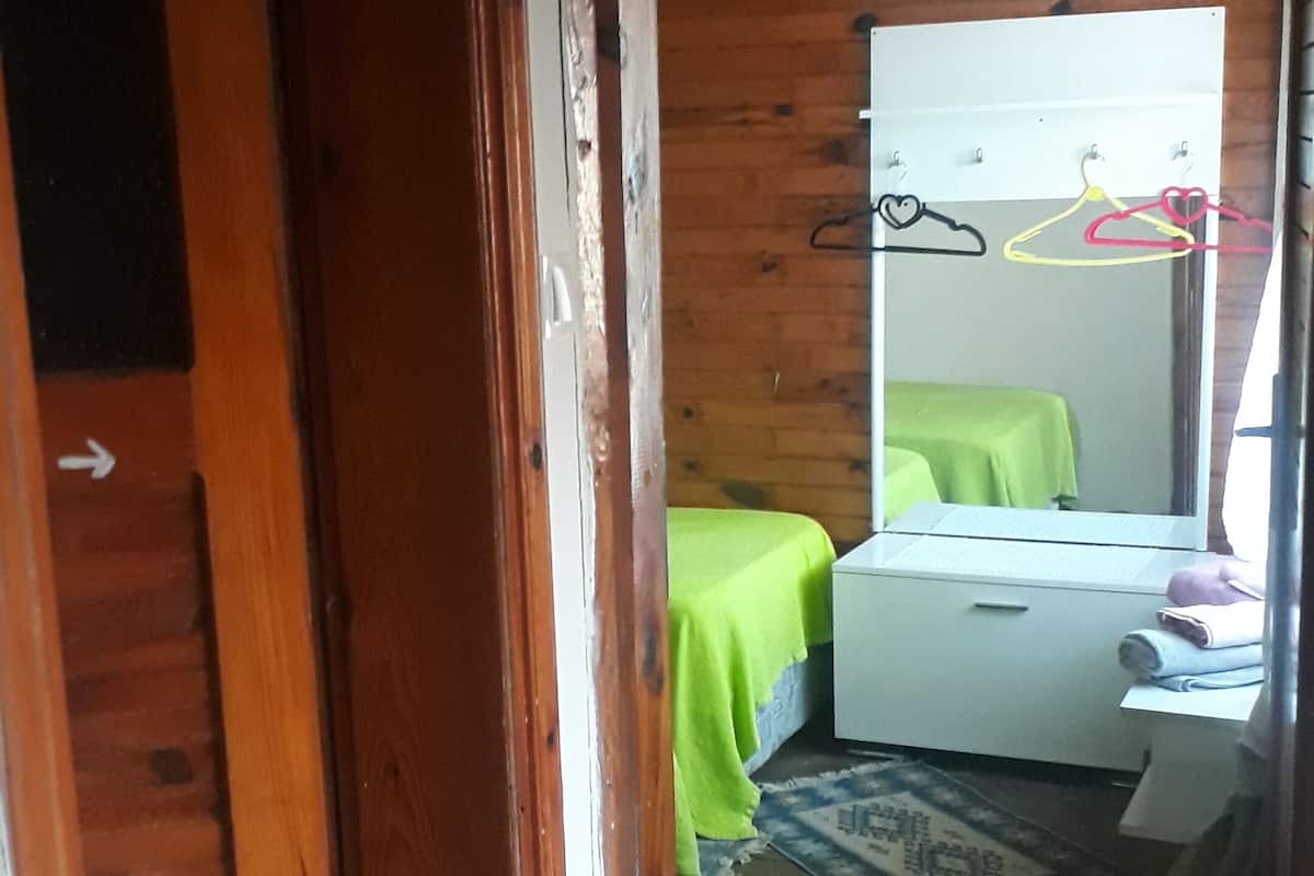 A wooden interior with a bed, a desk, and a mirror.