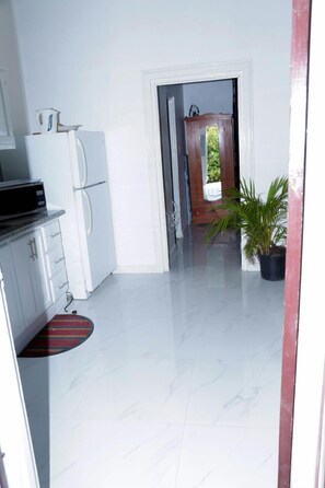 Una cocina con armarios blancos, un refrigerador, un microondas y una planta en maceta.