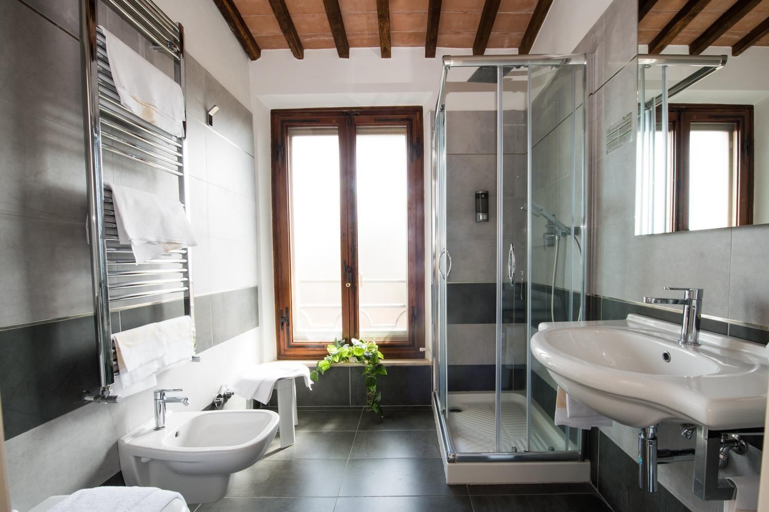 Une salle de bain moderne avec une douche à parois de verre, un bidet et un grand lavabo.