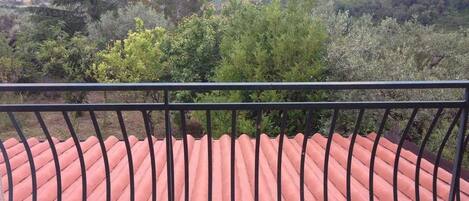 A balcony with a red-tiled roof and a black metal railing, overlooking a hilly landscape with trees and buildings.