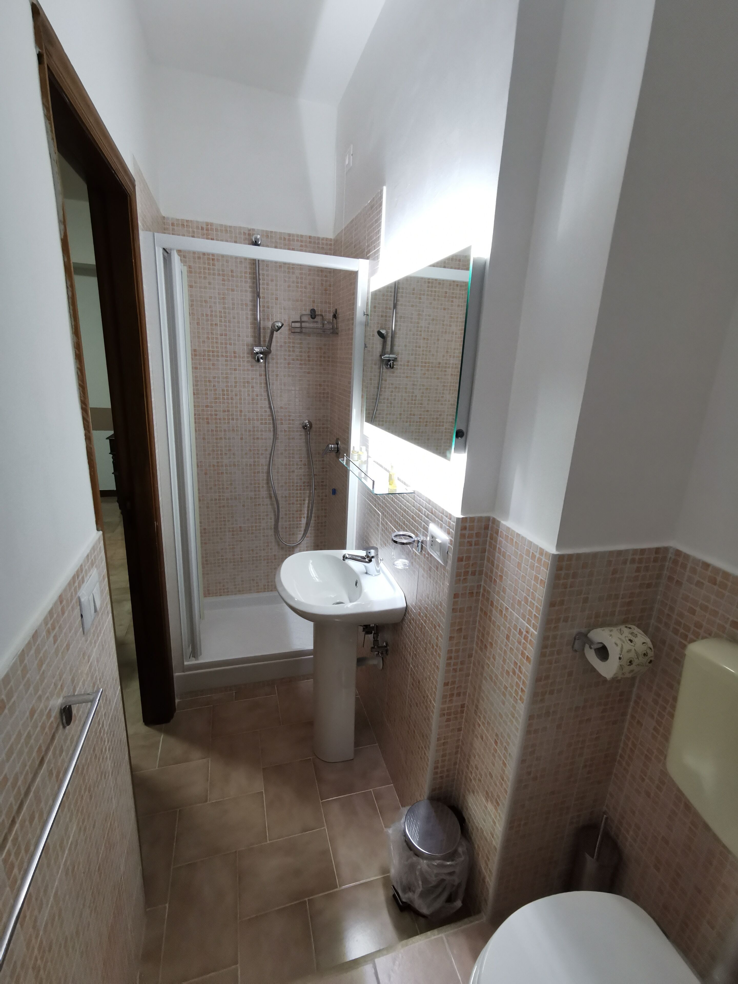 Une salle de bain équipée d’une douche, d’un lavabo, de toilettes et d’un miroir.