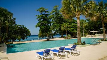Outdoor pool, pool umbrellas, sun loungers