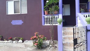 Un edificio morado con entrada protegida por un portón, un pequeño porche con plantas en macetas y una ventana con contraventanas.