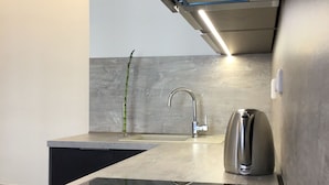 A modern kitchen with a sleek black countertop, stainless steel appliances, and a minimalist design. - Euro Apartments Lidická 39 Brno (Brno)