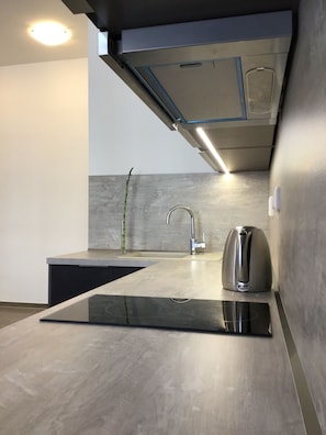Apartamento luxo, vista para a cidade | Cozinha privada | Geladeira, cooktop, cafeteira/chaleira, chaleira elétrica