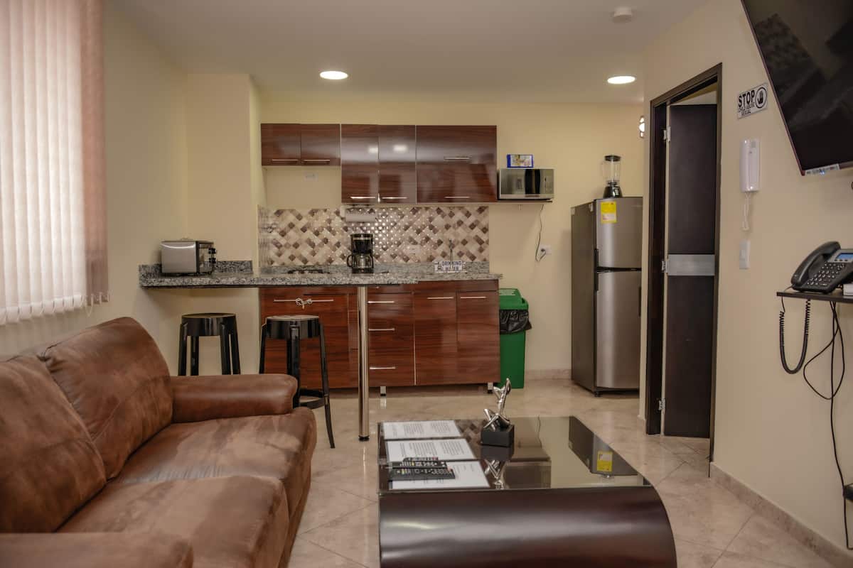 A compact living space with a brown leather sofa, a coffee table, a kitchen area with wooden cabinets, a microwave, a refrigerator, and a phone on the wall.