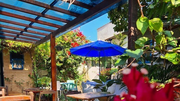 Un patio abrité, doté de mobilier en bois, d’un parasol bleu et d’une végétation luxuriante.