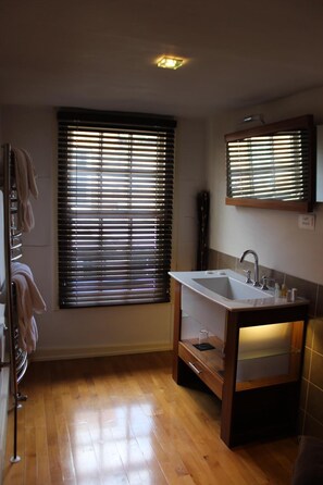 Combined shower/bathtub, free toiletries, hair dryer, towels