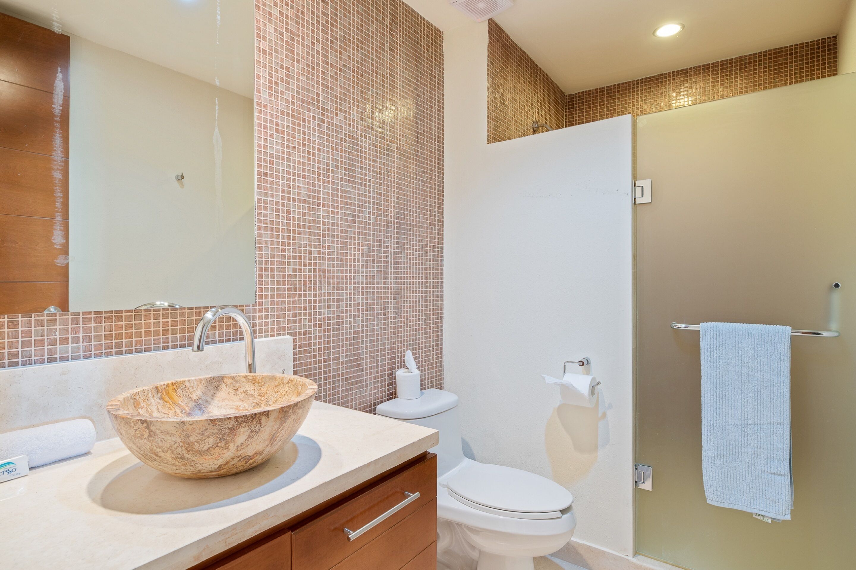 A modern bathroom with a wooden bowl sink, a toilet, and a glass shower enclosure.