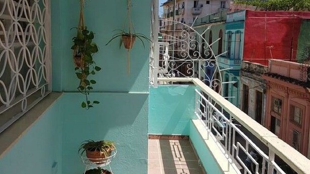 A balcony with a metal railing, potted plants, and a view of neighboring buildings. - Casa Armando y Mercy (Havana)