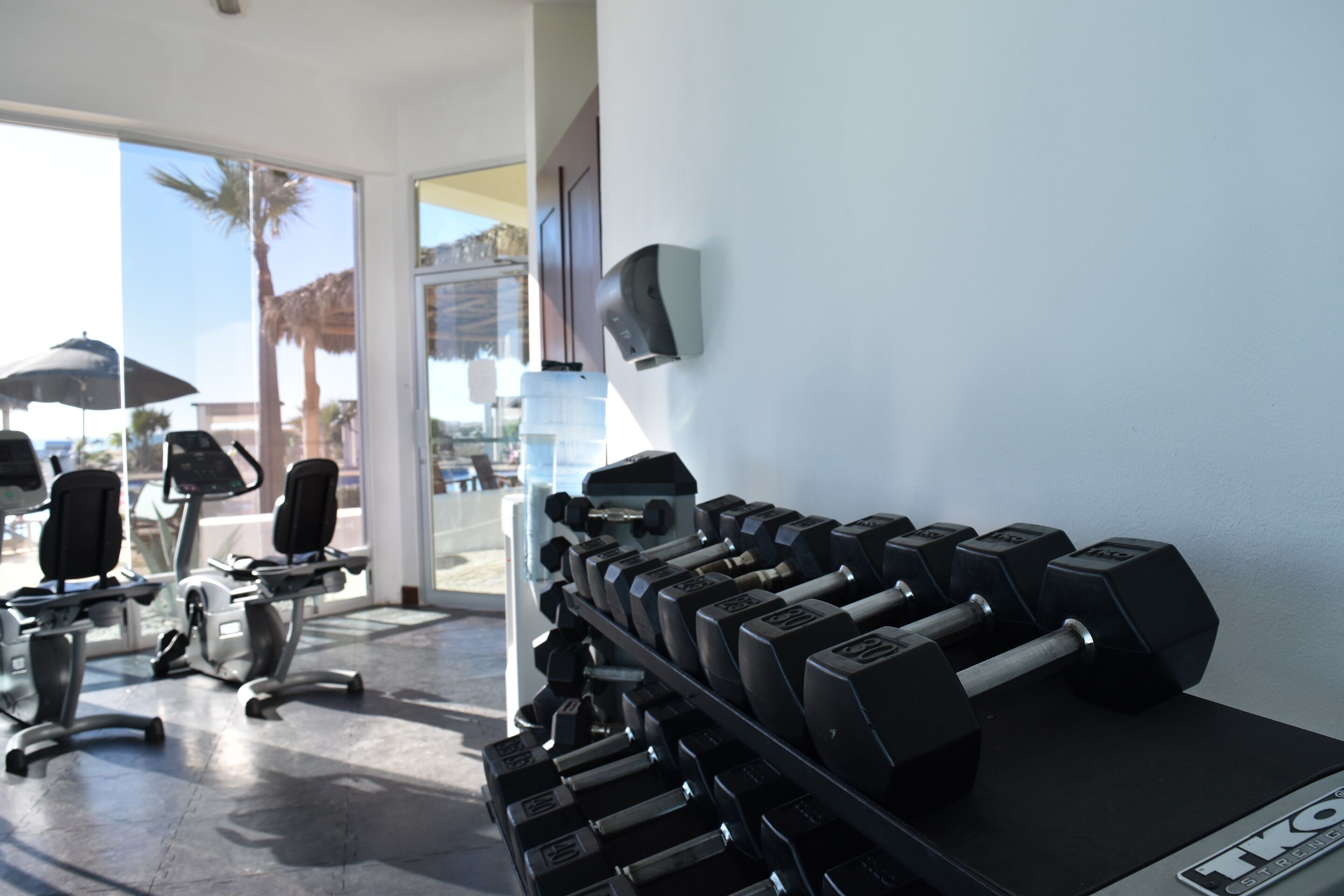 Ein Fitnessstudio mit Trainingsgeräten, darunter Kurzhanteln und ein Ergometer, mit Blick auf Palmen im Freien.