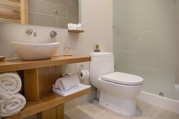 A bathroom with a wooden vanity, a white sink, a toilet, and a glass shower enclosure. - Maki Hotel (Pucón)