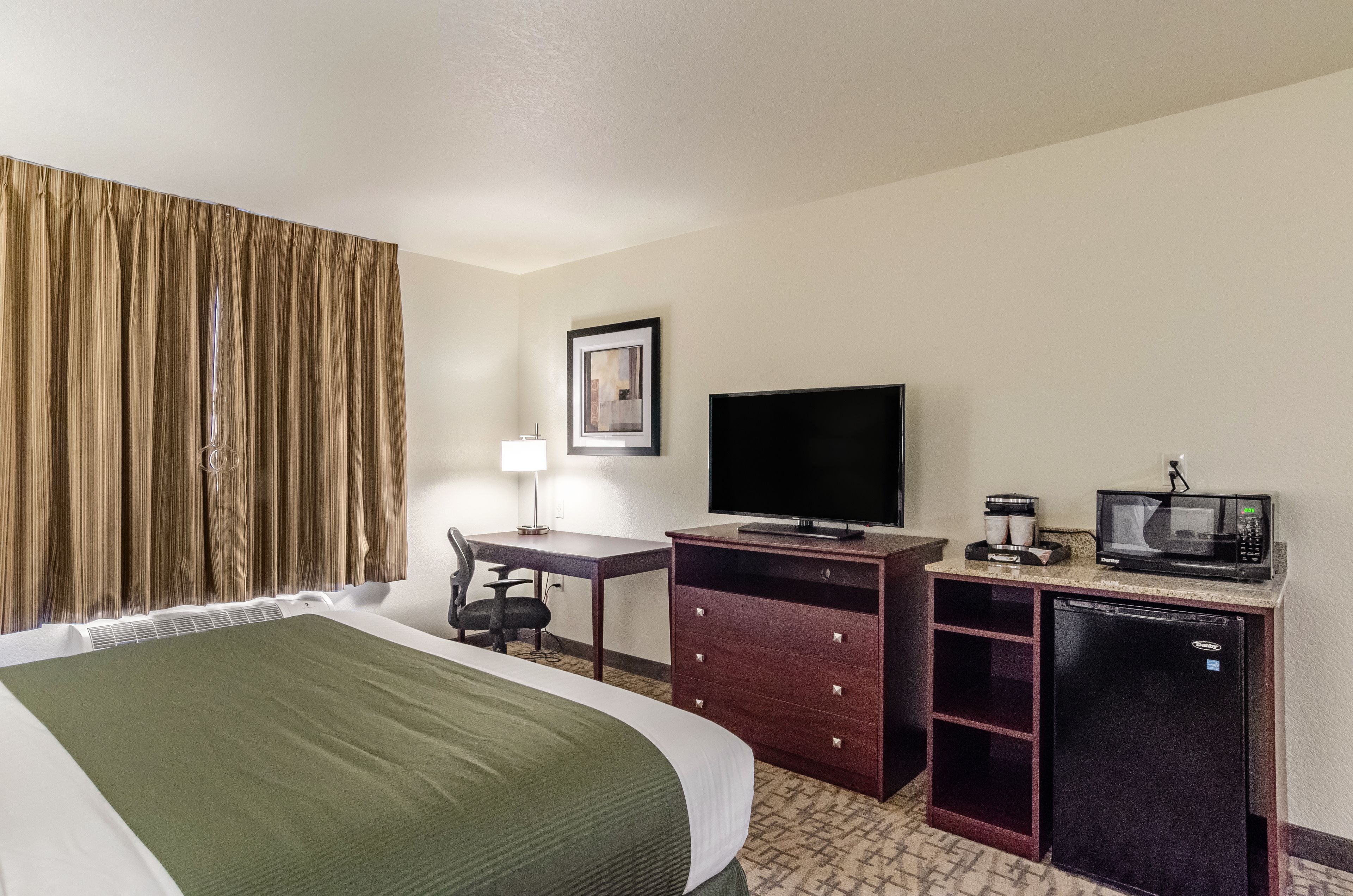 Habitación de hotel con cama, escritorio, televisor, microondas y refrigerador.