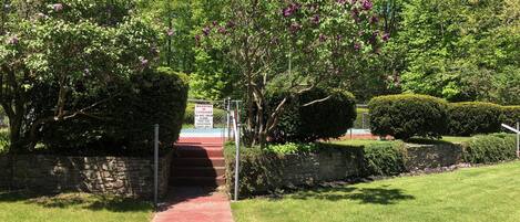 Un camino conduce a un área de piscina con un cartel de advertencia para salvavidas, rodeada de exuberante vegetación y árboles florecientes.