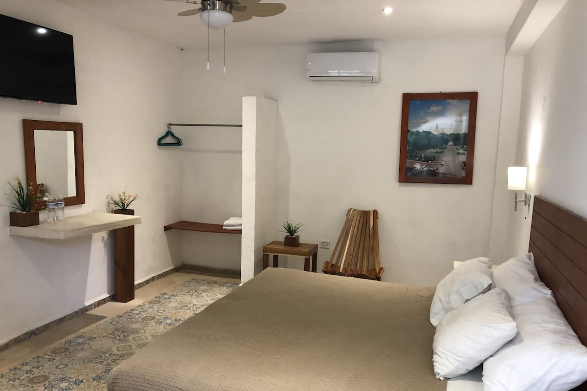 Una habitación de hotel con cama, mesita de noche, espejo, televisor, aire acondicionado y un cuadro en la pared.