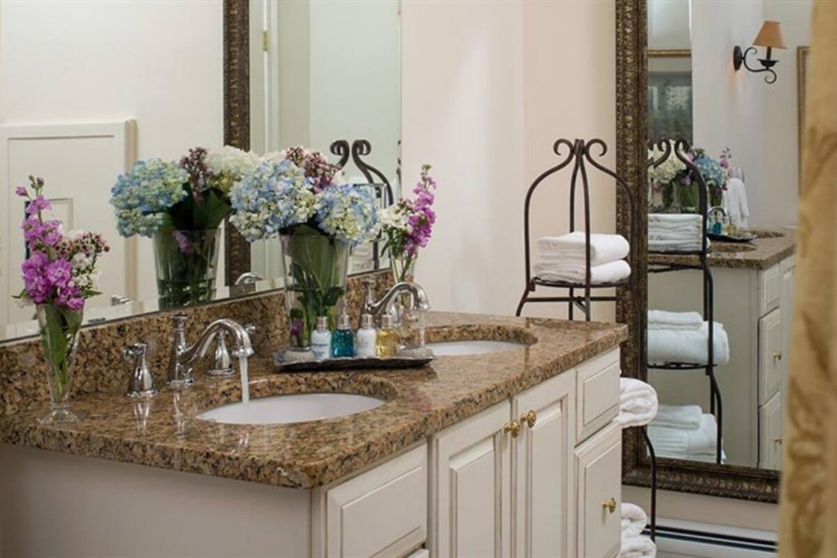 A bathroom with two sinks, a vanity, a towel rack, and a large mirror.