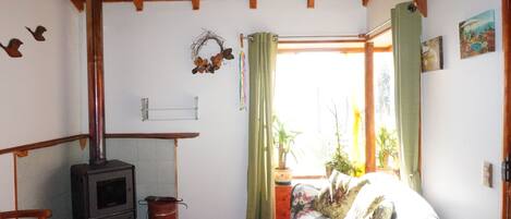 A cozy room with a wood-burning stove, a bed with a floral quilt, a red carpet, and a view of greenery outside.