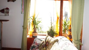 Una habitación con una cama, una ventana con cortinas y varias plantas en macetas.