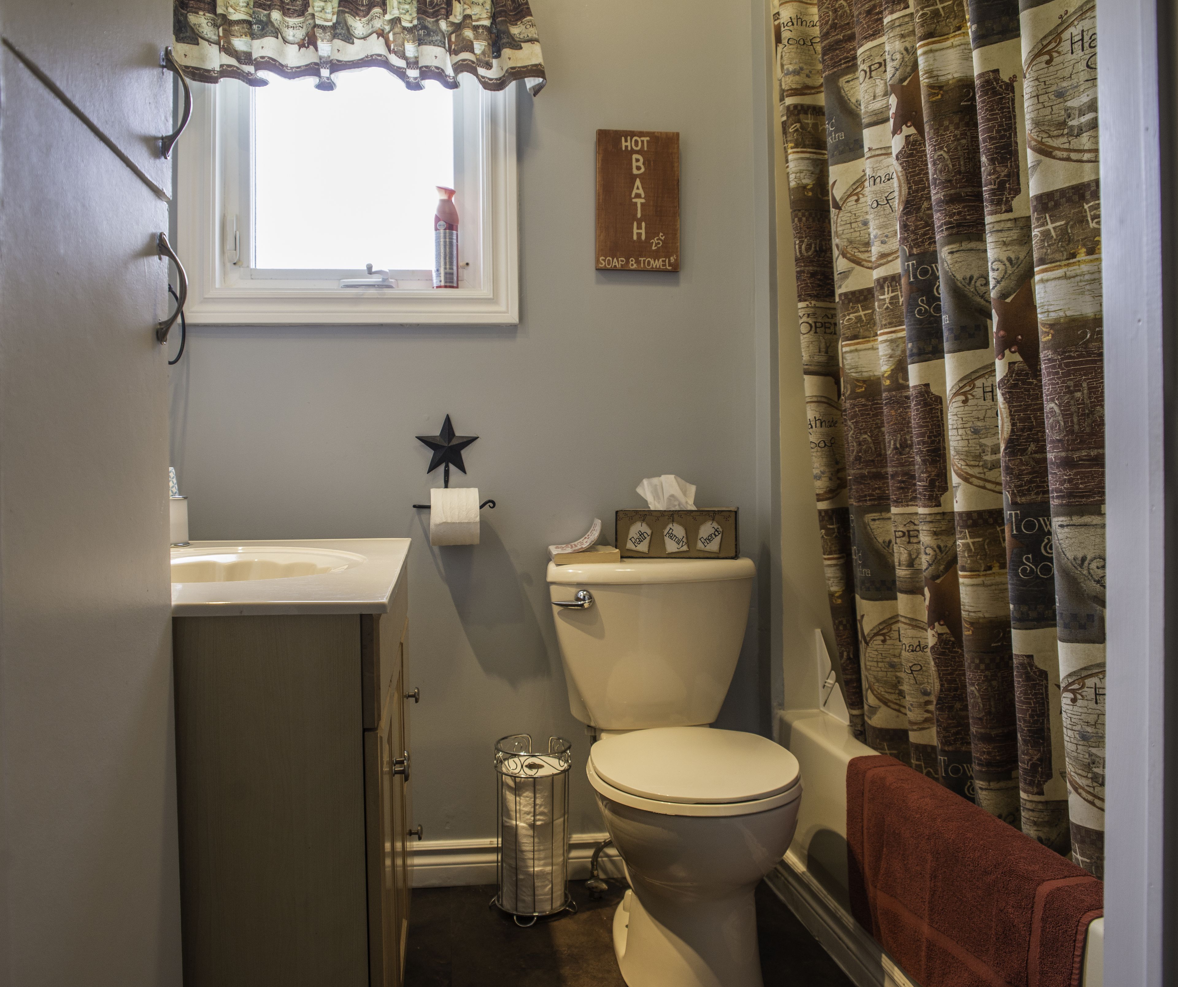 A bathroom with a toilet, sink, and shower curtain.
