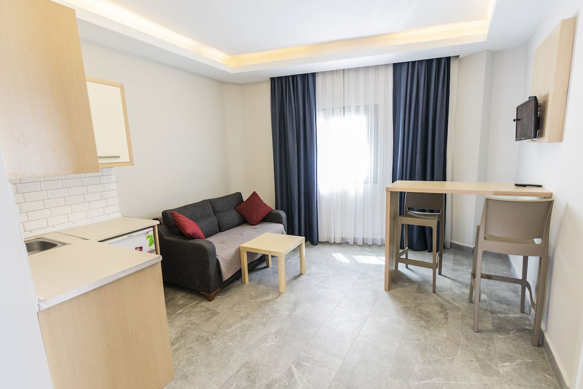 A compact living space with a kitchenette, a sofa, a small table, and a desk.