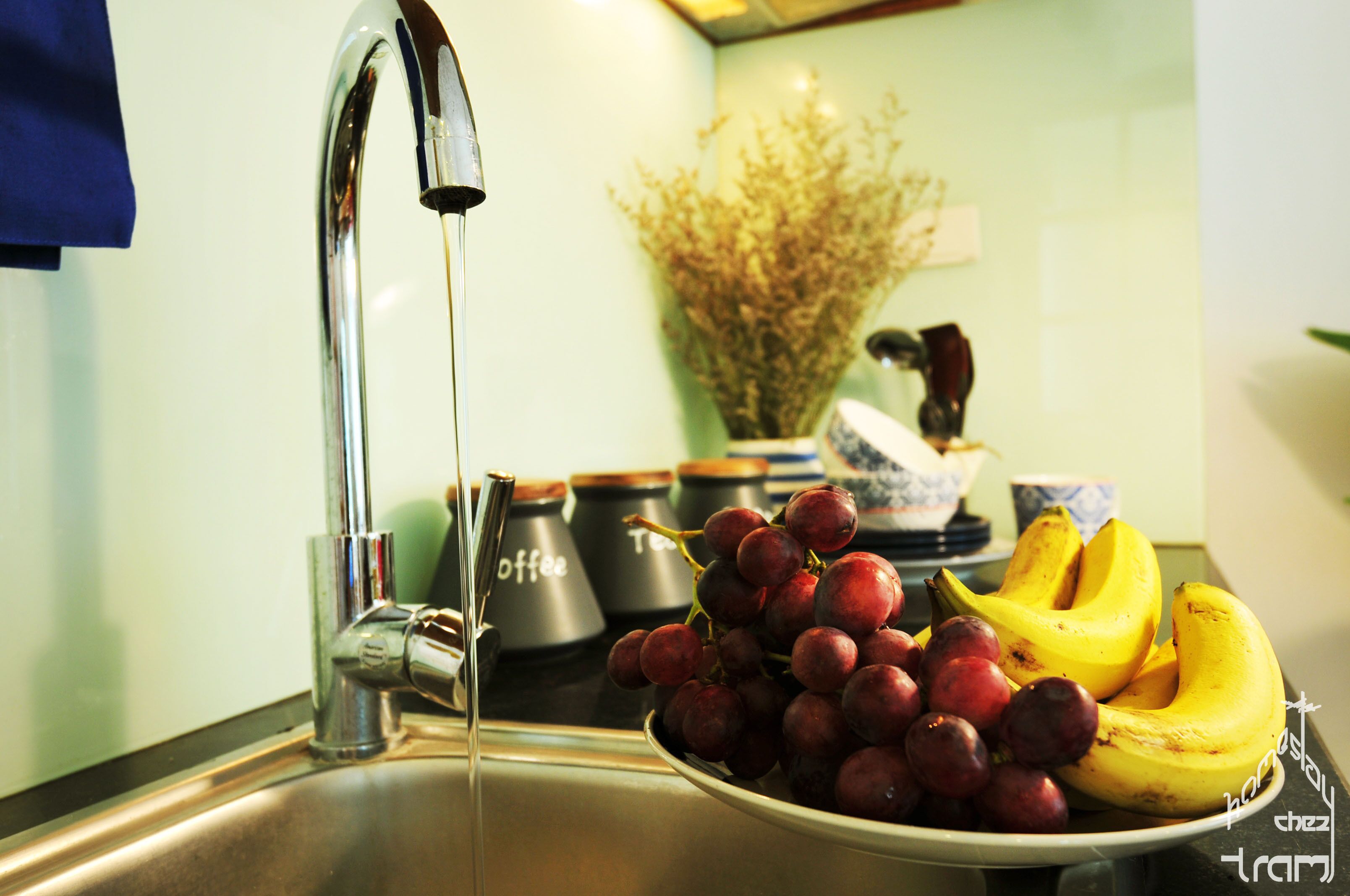 Un évier de cuisine avec l’eau qui coule, un bol de raisins rouges et une assiette de bananes.