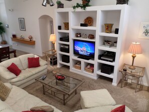 Smart TV, DVD player, books, video library