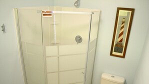 A bathroom with a glass-enclosed shower, a toilet, and a framed picture on the wall.