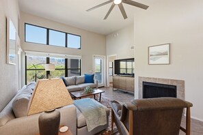 Smart TV, fireplace, DVD player