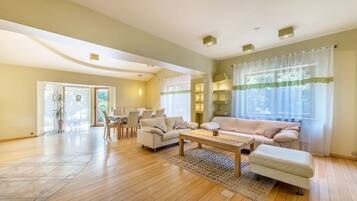 Smart TV, fireplace, DVD player, foosball