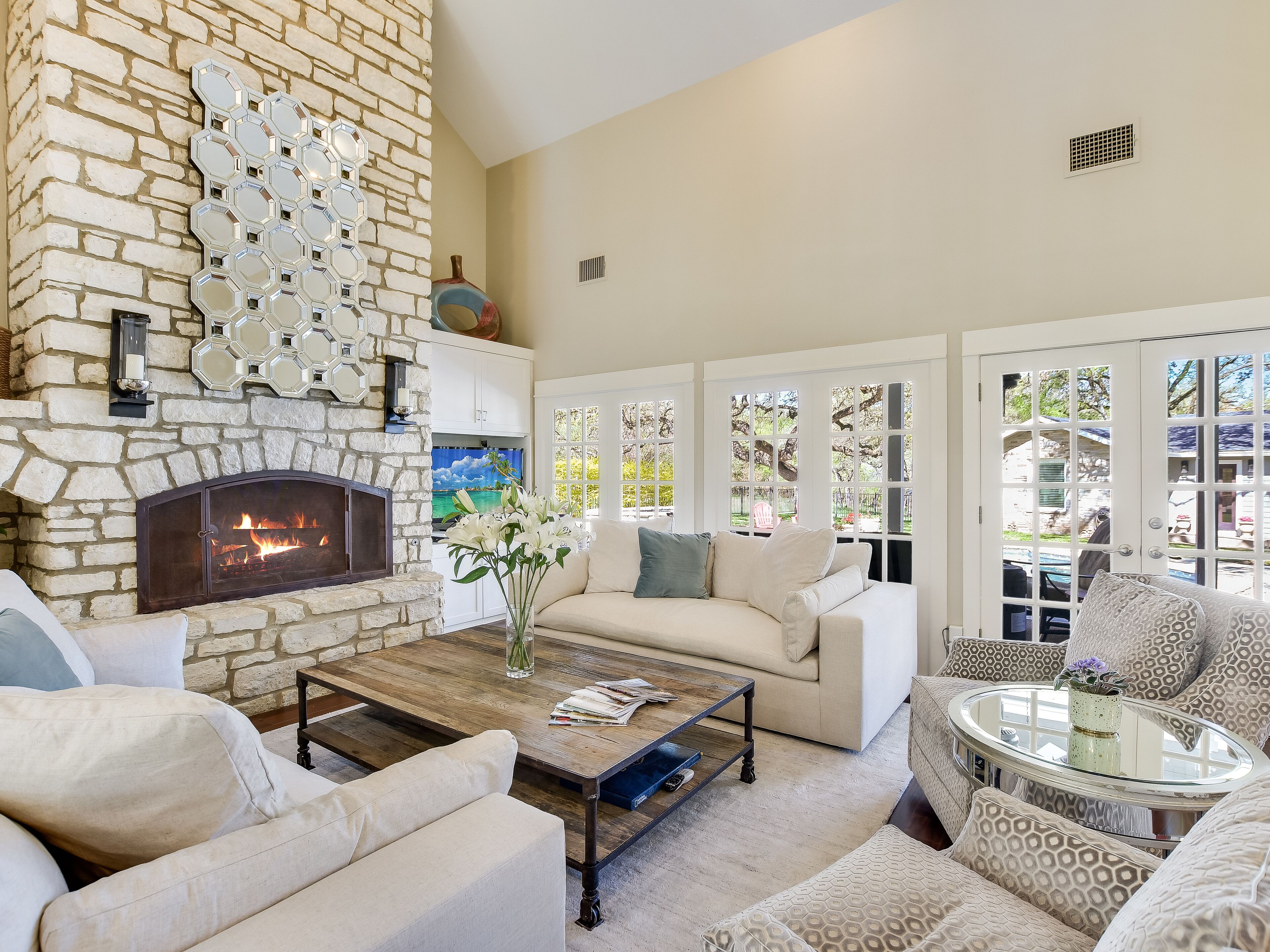 Smart TV, fireplace, video games, DVD player