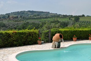 Una piscina con borde de piedra, rodeada de vegetación y vistas a viñedos al fondo.
