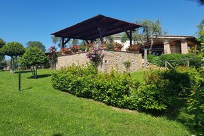Un muro de piedra con una pérgola, rodeado de vegetación exuberante y plantas con flores.