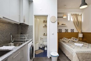 Une cuisine compacte équipée d’un lave-linge, d’un évier et d’un étendoir.