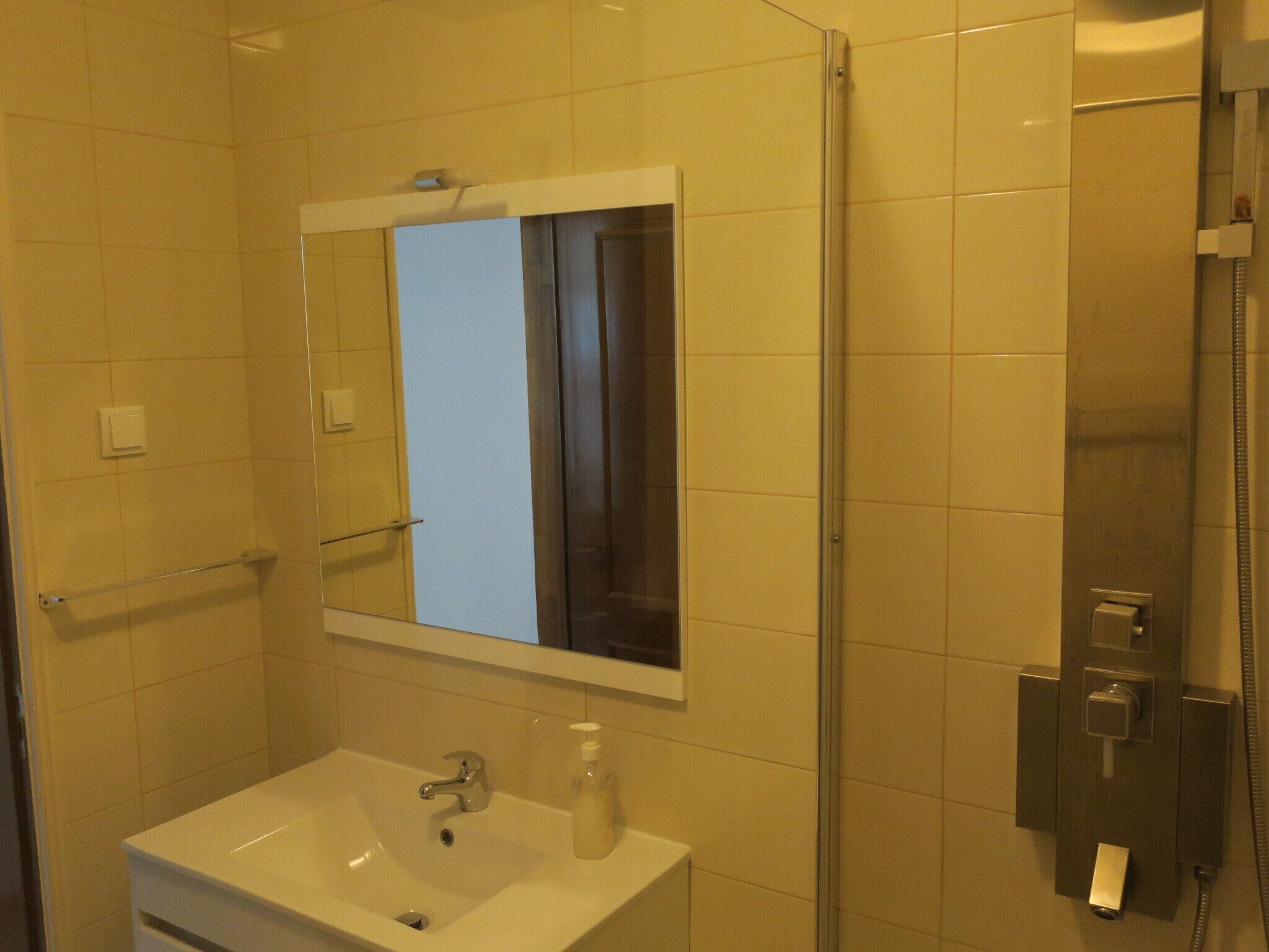 A bathroom with a sink, mirror, and shower.