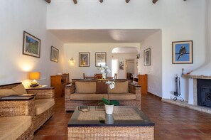 Flat-screen TV, fireplace