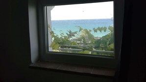 Een uitzicht op de oceaan en groen vanuit een raam.