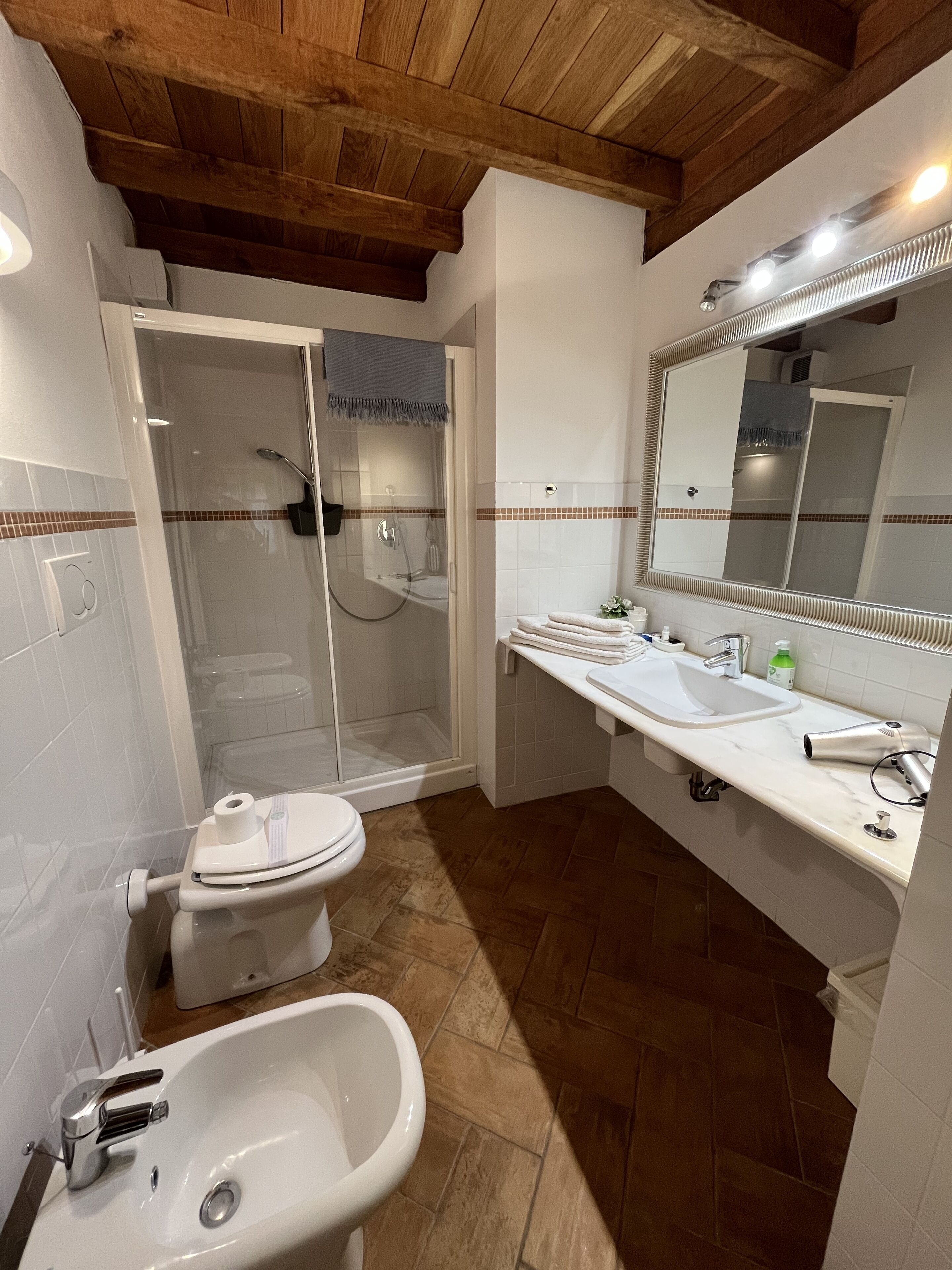 A bathroom with a shower, toilet, bidet, and a sink with a mirror.
