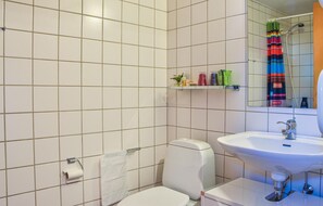Bathroom features a white toilet, sink, and shower area with a mirror above the sink.