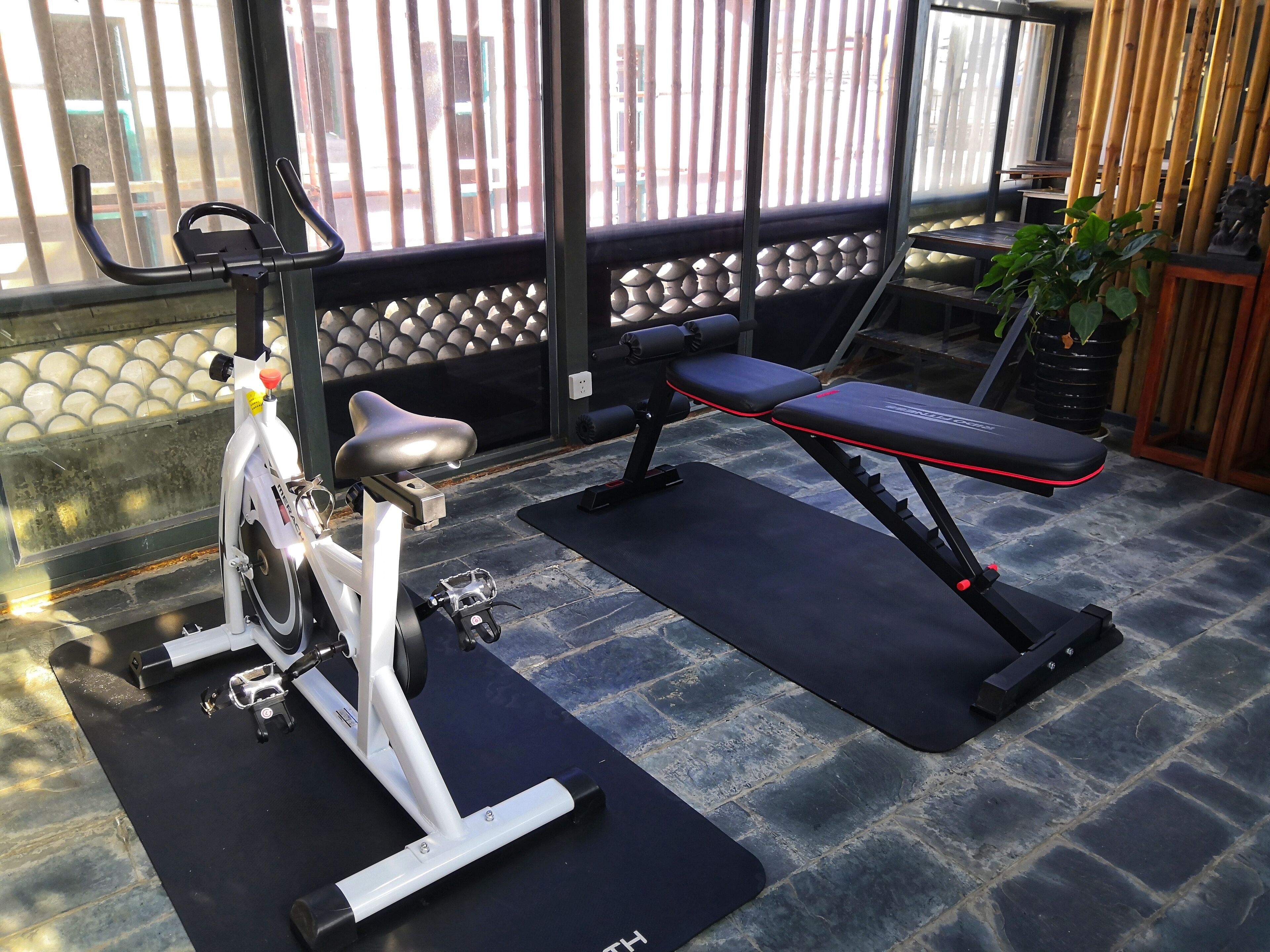 An indoor gym with exercise equipment, including a stationary bike and a bench.