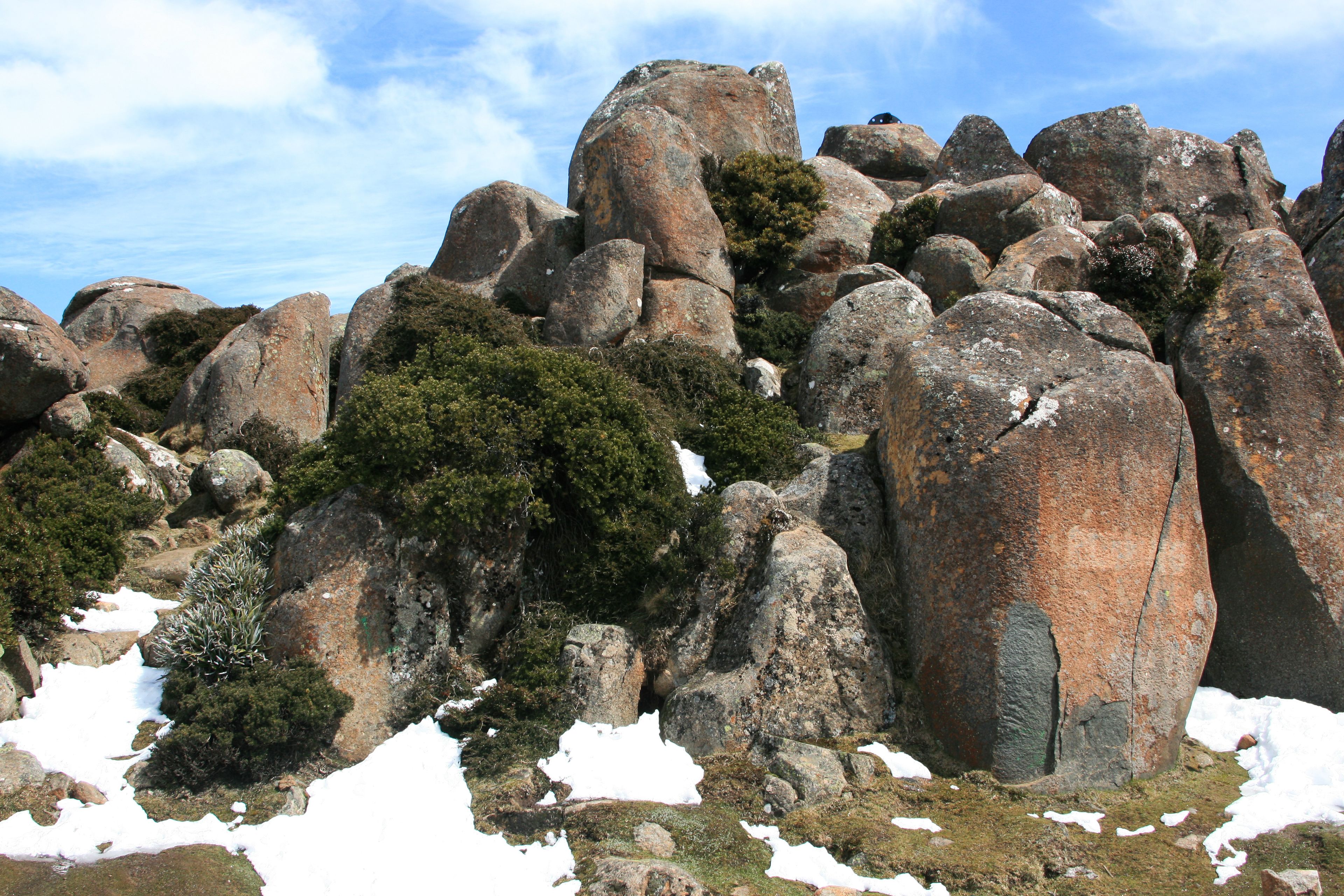 Un paisaje agreste con grandes rocas y vegetación escasa.