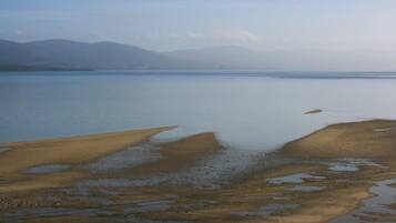 A wide view of a lake with a sandy shore and mountains in the background.