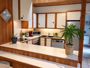 A modern kitchen with wooden cabinets, a stainless steel refrigerator, and a central island with a potted plant.